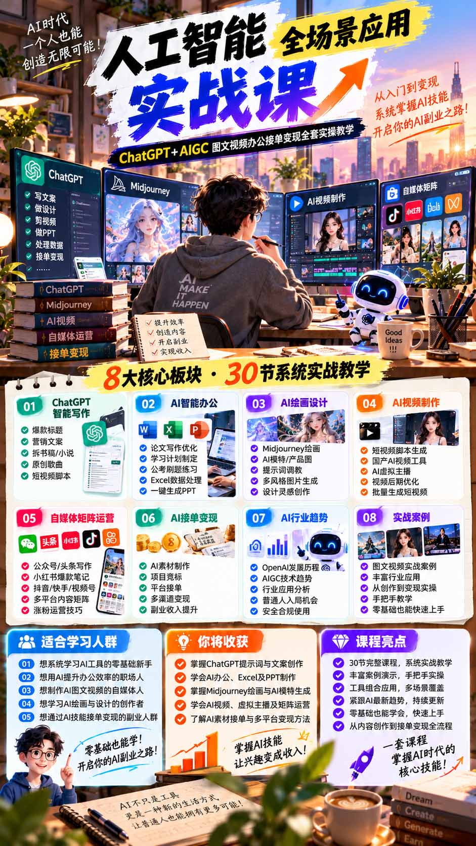 一个人掌握AI写作设计剪辑全套技能：从ChatGPT办公、AI绘画到虚拟主播、自媒体运营及接单变现