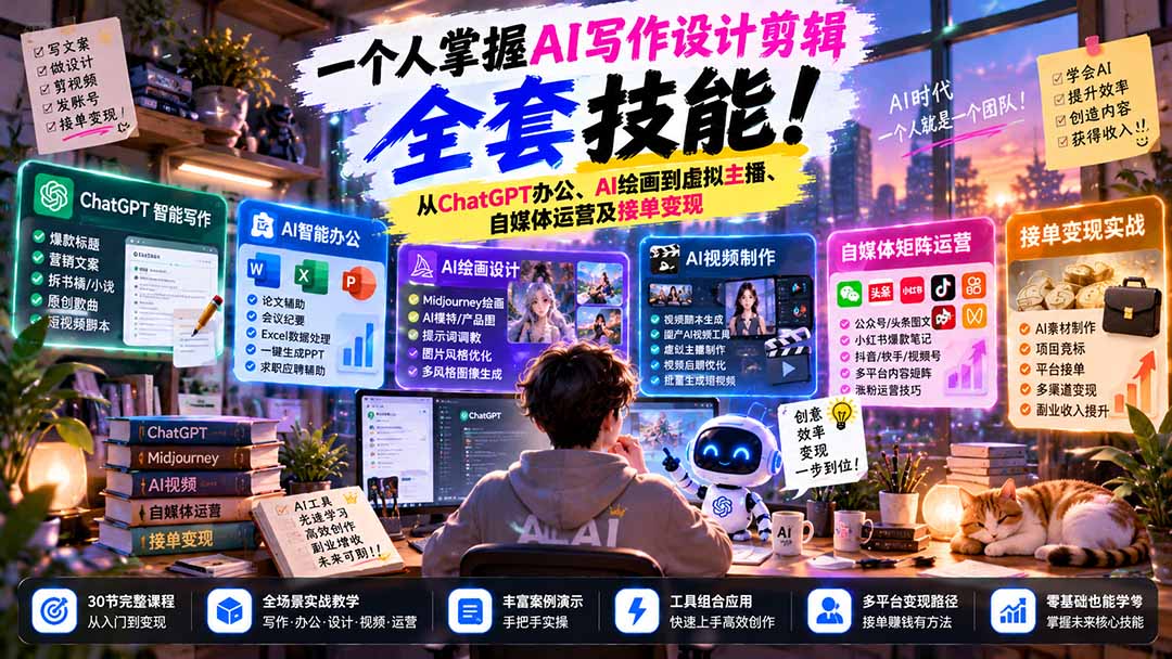 一个人掌握AI写作设计剪辑全套技能:从ChatGPT办公、AI绘画到虚拟主播、自媒体运营及接单变现