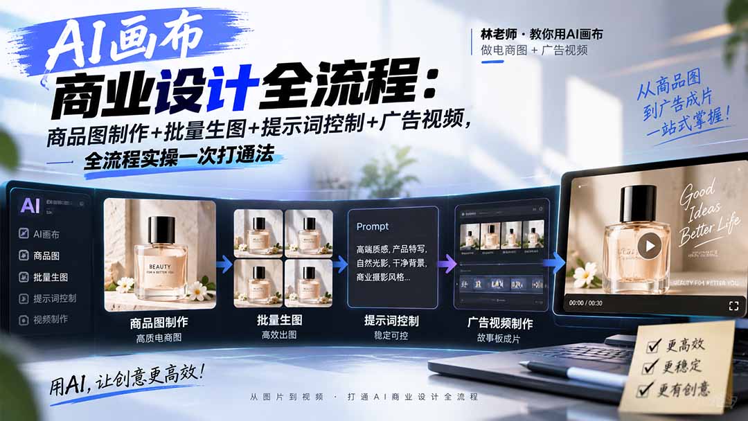 AI画布商业设计全流程-更新1026:商品图制作+批量生图+提示词控制+广告视频,全流程实操一次打通法