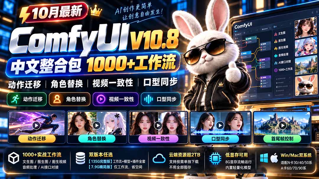 10月最新ComfyUI V10.8中文整合包 1000+工作流 动作迁移 角色替换 视频一致性 口型同步 低显存可用