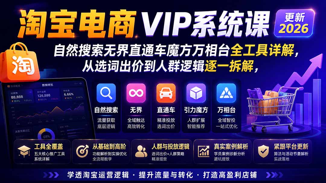 2026淘宝电商终局之战VIP课-更新1029:自然搜索+直通车+无界+精准人群,系统掌握测款动销与全店推广布局方法