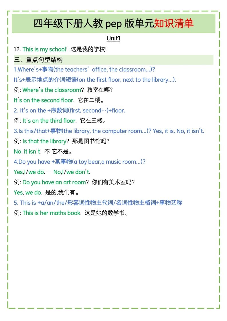 四下英语人教pep版单元知识清单
