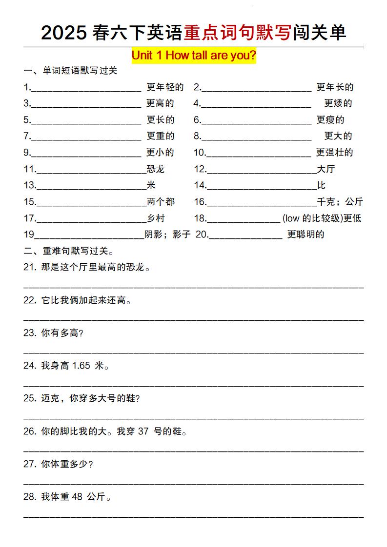 六下英语（人教pep）重点词句默写闯关单