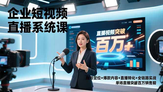 企业短视频直播系统课，账号定位+爆款内容+直播转化+全链路实战，单场直播突破百万销售额