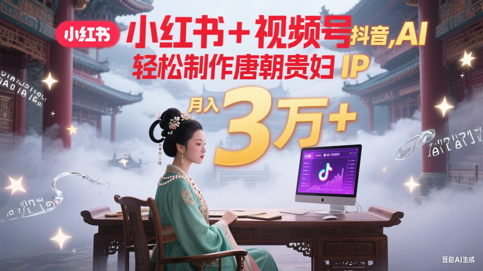 小红书+视频号+抖音，AI轻松制作唐朝贵妇IP，毒鸡汤、励志、减肥瘦身、养生赛道轻松切入，每天30分钟，轻松产出N条，月入3万+