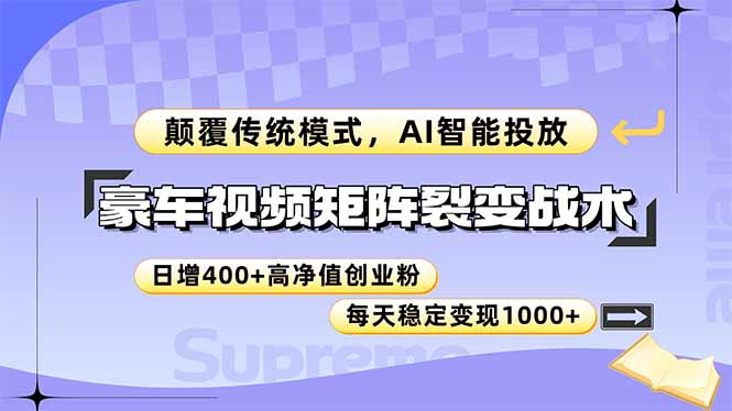 豪车视频矩阵裂变战术,颠覆传统模式,AI智能投放,日增400+高净值创业...