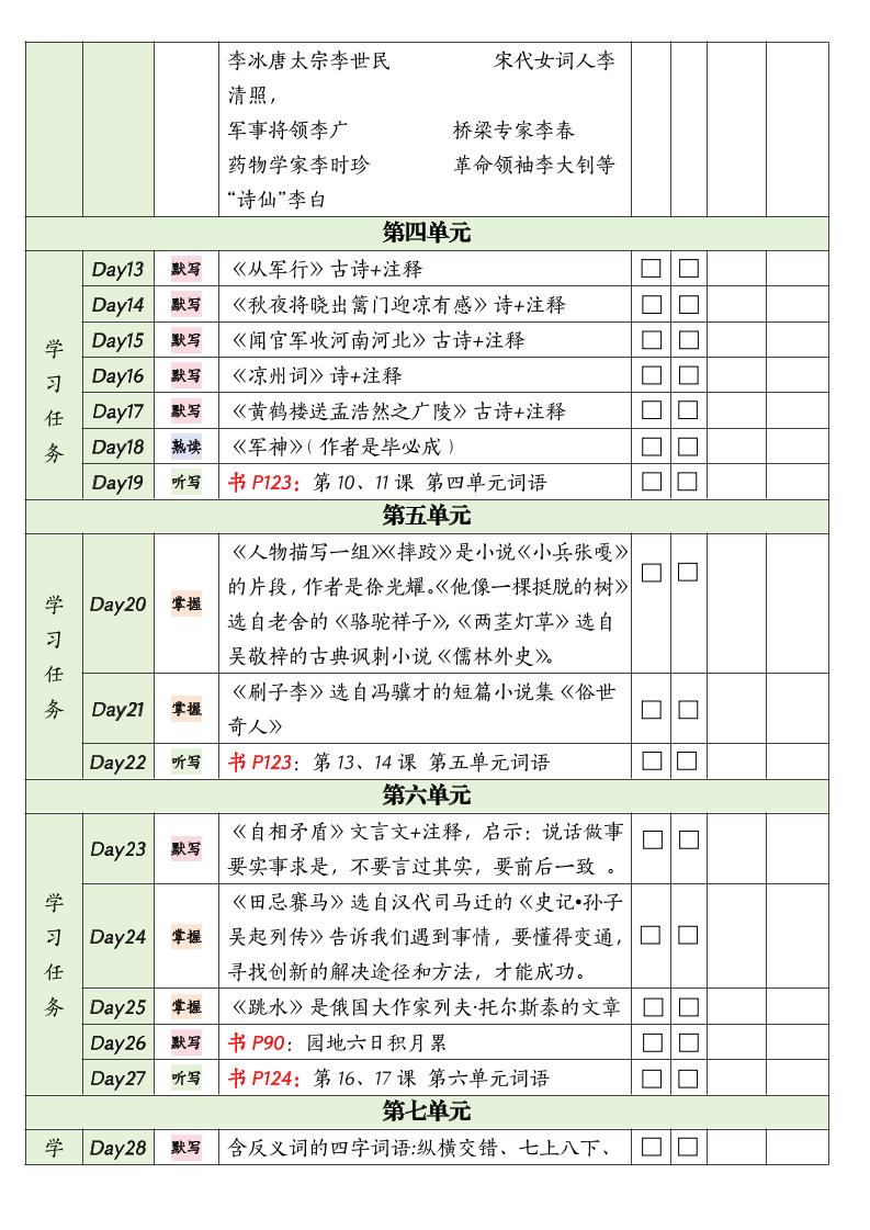 五下语文期末复习单