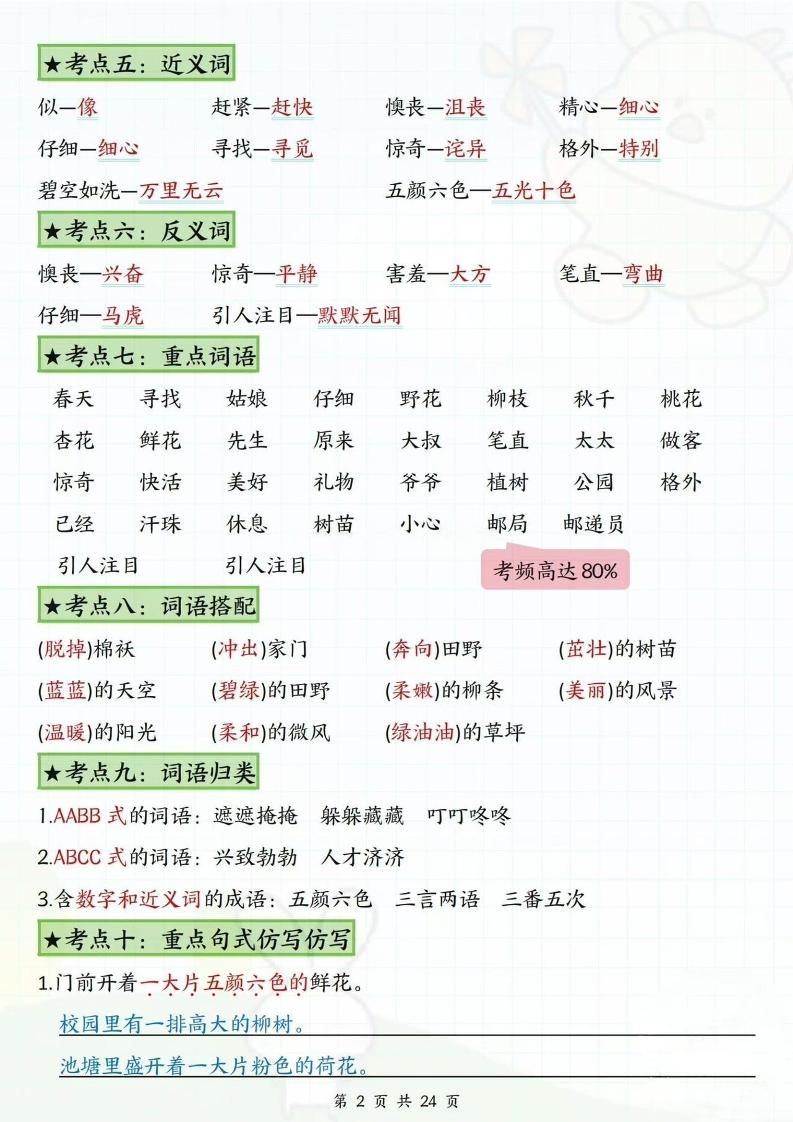 二下语文1-8单元高频考点总结(24页)