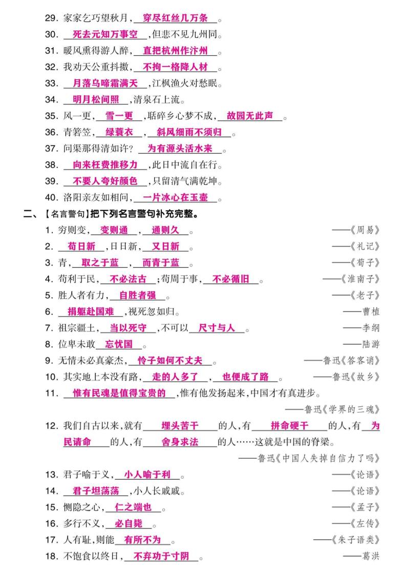 小升初语文【背诵与积累】六大考点集训