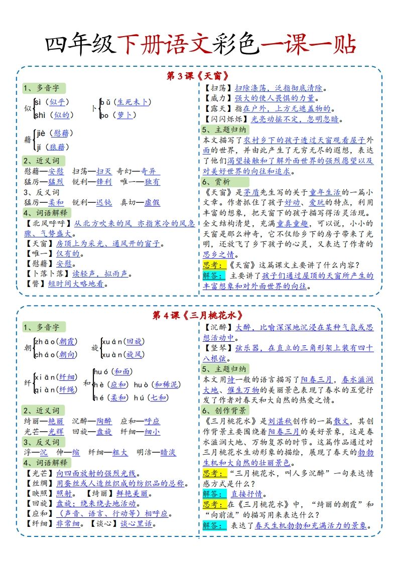 四年级下语文彩色一课一贴全