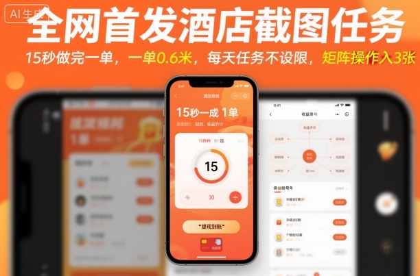 全网首发酒店截图任务，15秒做完一单，一单0.6米，每天任务不设限，矩阵操作日入3张【揭秘】