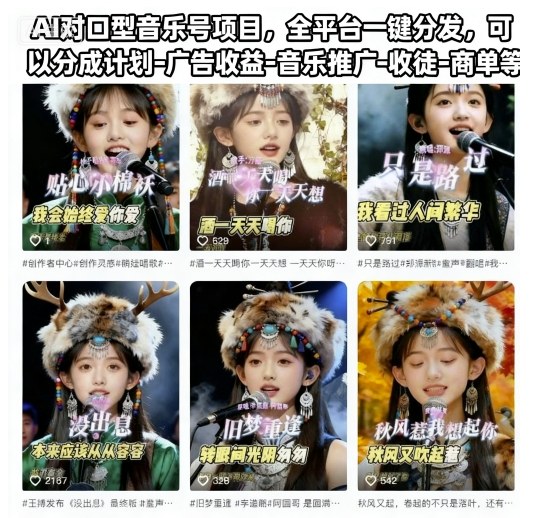 AI对口型音乐号项目,全平台一键分发,可以分成计划-广告收益-音乐推广-收徒-商单等