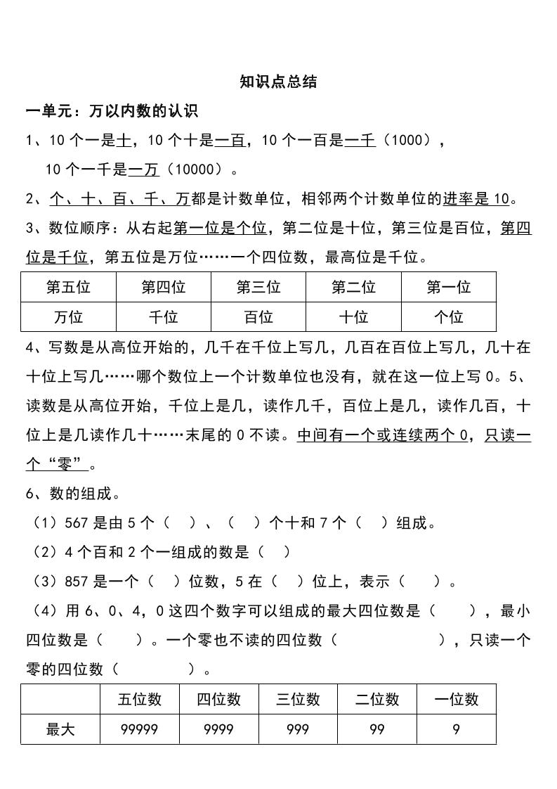 二下西师大版数学下册知识要点总结