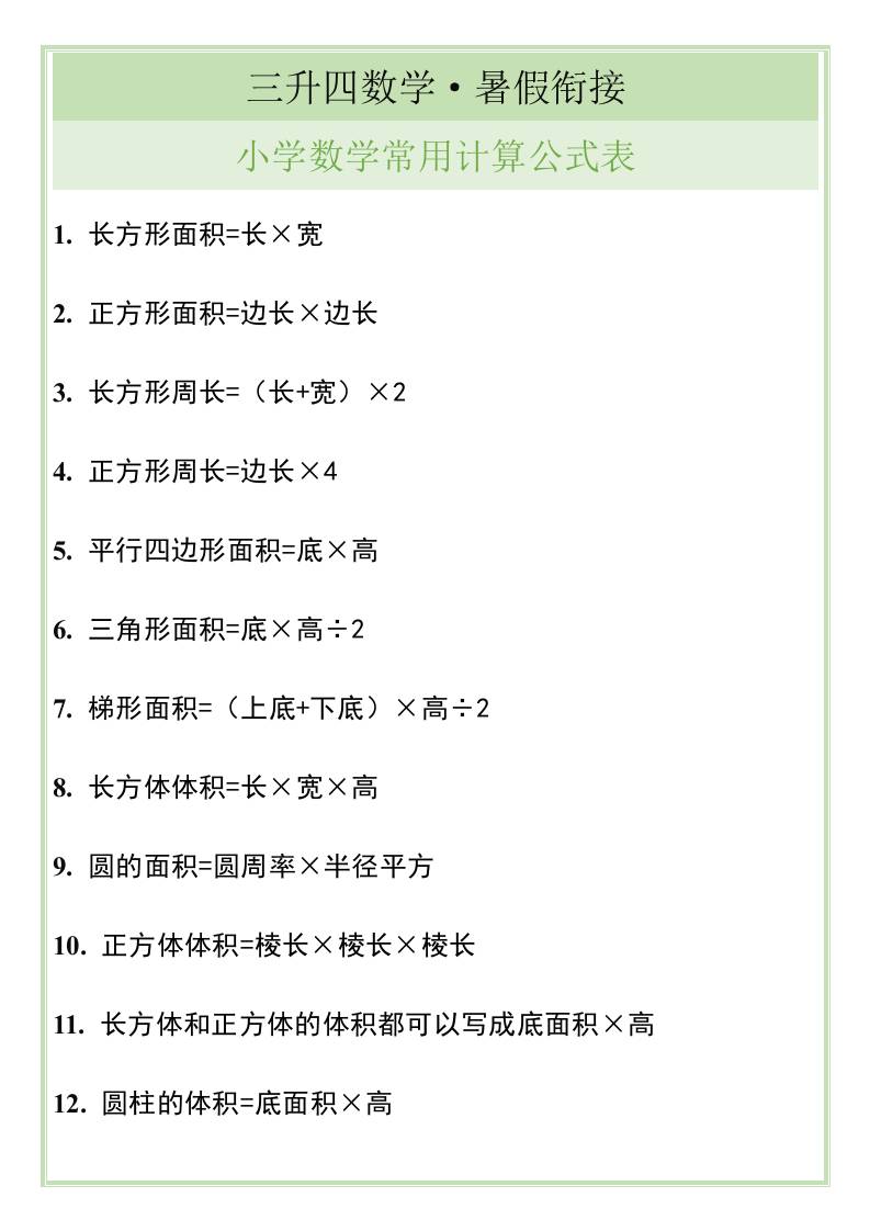 三升四暑假衔接，小学数学常用计算公式表-四上数学