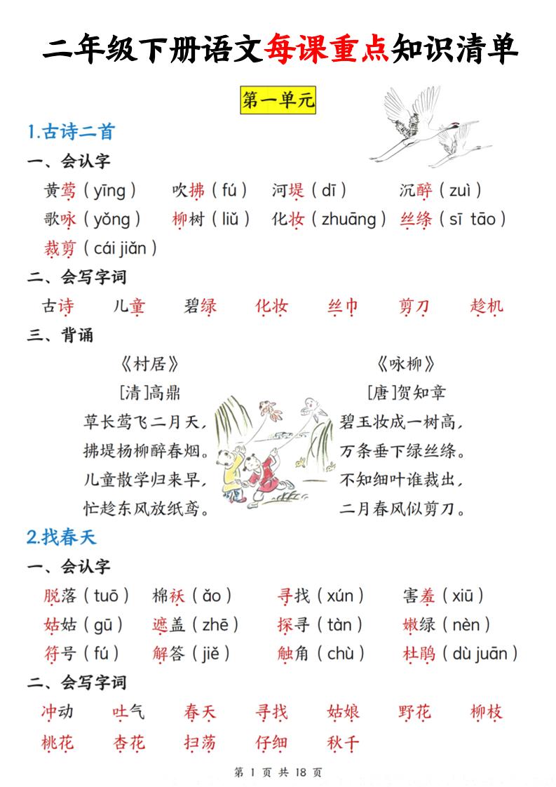 二下语文每课重点知识清单（18页）