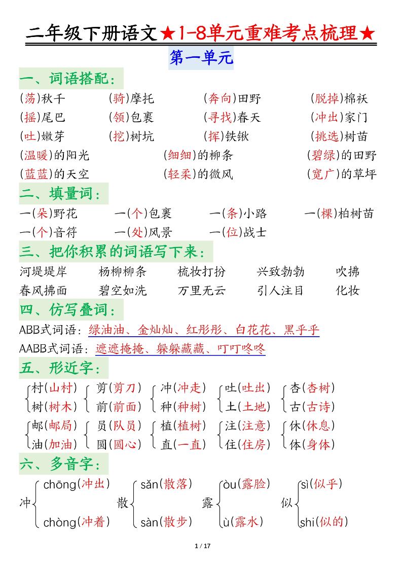 二下语文期末复习1-8单元重难考点梳理总结（17页）