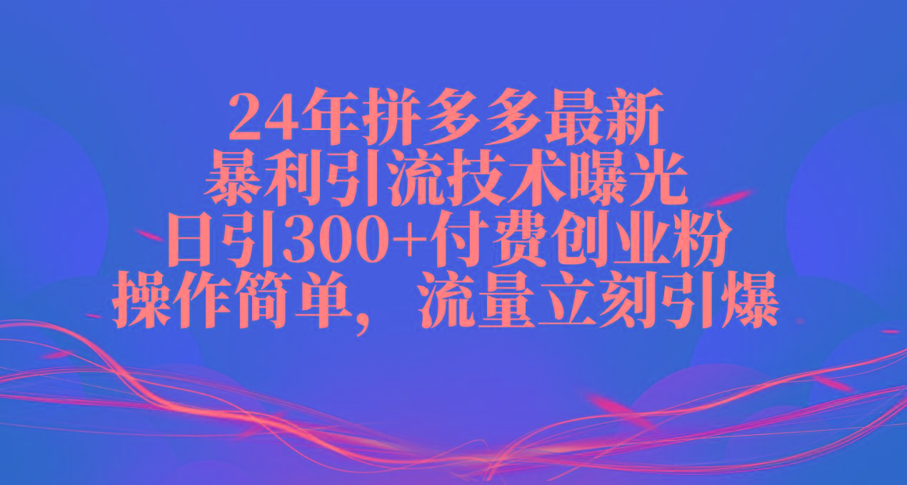 24年拼多多最新暴利引流技术曝光，日引300+付费创业粉，操作简单，流量...