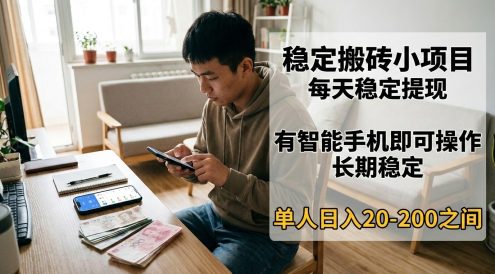 稳定搬砖小项目,每天稳定提现,有智能手机即可操作