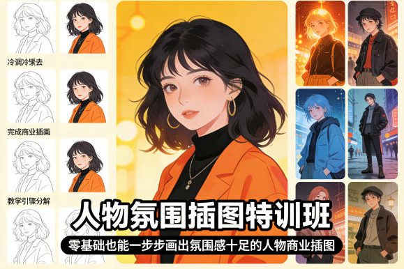 人物氛围插图特训班，零基础也能一步步画出氛围感十足的人物商业插图