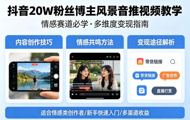 抖音20W粉丝博主风景音推视频教学，情感赛道必学，各种变现途径