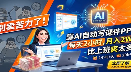 别卖苦力了！靠AI自动写课件PPT，每天2小时，月入2W+，比上班爽太多！
