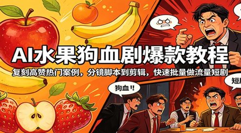 AI水果狗血剧爆款教程：复刻高赞热门案例，分镜脚本到剪辑，快速批量做流量短剧