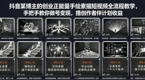 抖音某博主的创业正能量手绘素描短视频全流程教学，手把手教你做号变现，撸创作者伙伴计划收益