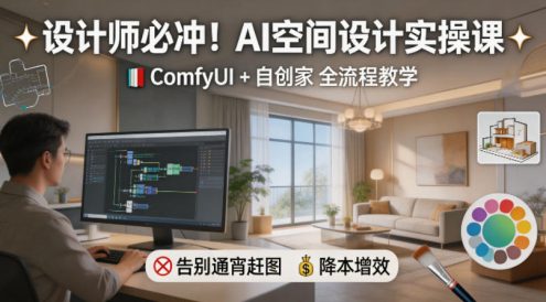 设计师必冲！AI空间设计实操课，ComfyUI+自创家全教学，告别通宵赶图，降本增效