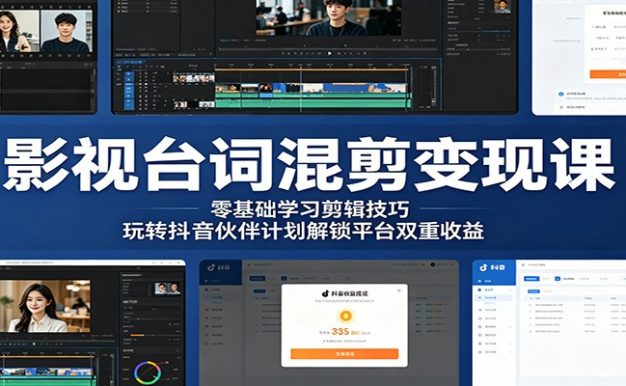 影视台词混剪变现课：零基础学习剪辑技巧，玩转抖音伙伴计划解锁平台双重收益