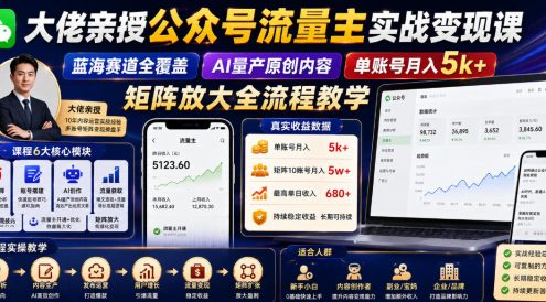 大佬亲授公众号流量主实战变现课，蓝海赛道全覆盖，AI量产原创内容，单账号月入5k+矩阵放大全流程教学