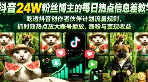 抖音24W粉丝博主的每日热点信息差教学,吃透创作者伙伴计划流量规则,抓时效热点放大账号播放、涨粉与变现收益(更新)