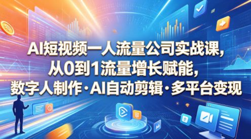 AI短视频一人流量公司实战课,从0到1流量增长赋能,数字人制作・AI自动剪辑・多平台变现,一人做流量生意全落地教程