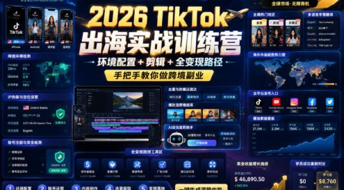 2026 TikTok出海实战训练营，环境配置 + 剪辑 + 全变现路径，手把手教你做跨境副业