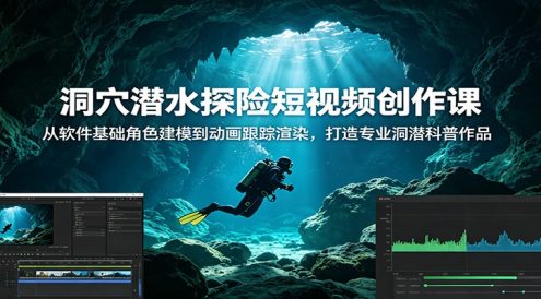 洞穴潜水探险短视频创作课：从软件基础角色建模到动画跟踪渲染，打造专业洞潜科普作品