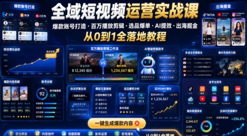 全域短视频运营实战课，爆款账号打造・百万播放剪辑・选品爆单・AI提效・出海掘金，从0到1全落地教程