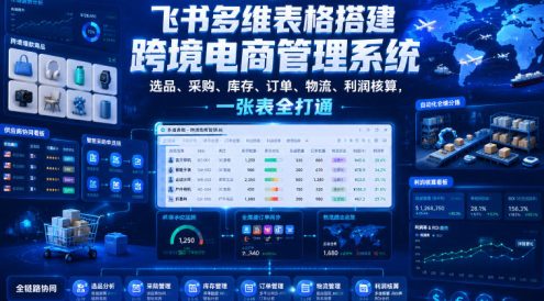 飞书多维表格搭建跨境电商管理系统，选品、采购、库存、订单、物流、利润核算，一张表全打通