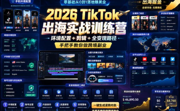 2026 TikTok出海实战训练营,环境配置 + 剪辑 + 全变现路径,手把手教你做跨境副业