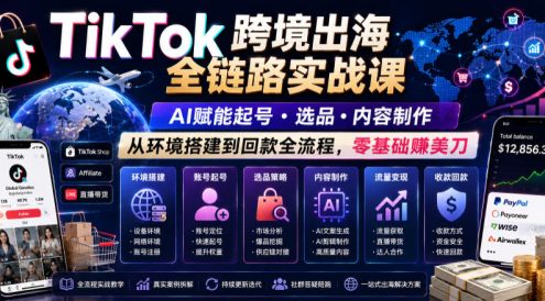 TikTok跨境出海全链路实战课,AI赋能起号・选品・内容制作,从环境搭建到回款全流程,零基础賺美刀