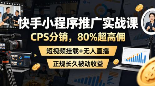 快手小程序推广实战课,CPS分销,80%超高佣,短视频挂载+无人直播,正规长久被动收益