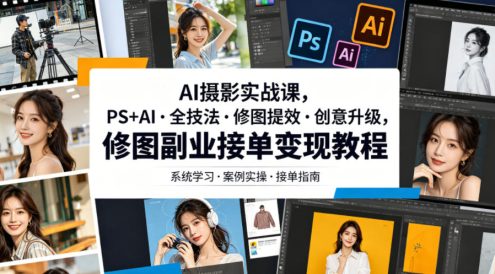 AI摄影实战课,PS+AI・全技法・修图提效・创意升级,修图副业接单变现教程
