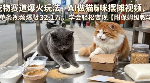 宠物赛道爆火玩法,AI做猫咪摆摊视频,单条视频爆赞32.1万,学会轻松变现【附保姆级教学】