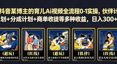 抖音某博主的育儿Ai视频全流程0-1实操,伙伴计划+分成计划+商单收徒等多种收益,日入300+