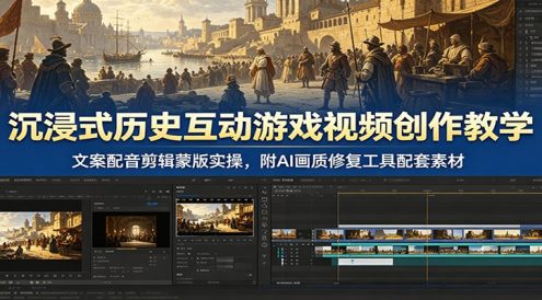 沉浸式历史互动游戏视频创作教学:文案配音剪辑蒙版实操,附AI画质修复工具配套素材