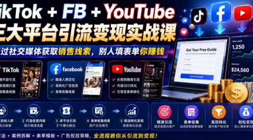 TikTok+FB+YouTube三大平台引流变现实战课,通过社交媒体获取销售线索,别人填表单你賺钱【原创双语字幕】