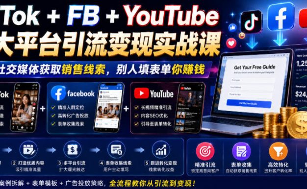 TikTok+FB+YouTube三大平台引流变现实战课,通过社交媒体获取销售线索,别人填表单你賺钱【原创双语字幕】