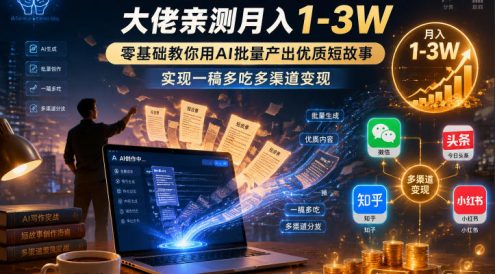 AI小说短故事项目，大佬亲测月入1-3W，零基础教你用AI批量产出优质短故事，实现一稿多吃多渠道变现(更新0624)