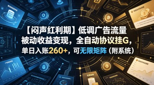 【闷声红利期】低调广告流量被动收益变现，全自动协议挂G，单日入账260+，可无限矩阵(附系统)【揭秘】