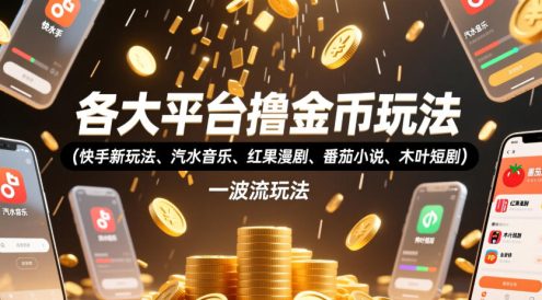 各大平台撸金币玩法(快手新玩法、汽水音乐、红果漫剧、番茄小说、木叶短剧)，一波流玩法(收费398元的教程)