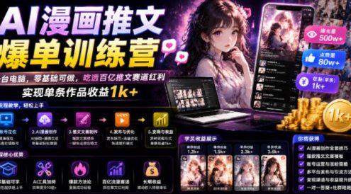 AI漫画推文爆单训练营,一台电脑,零基础可做,吃透百亿推文赛道红利,实现单条作品收益1k+
