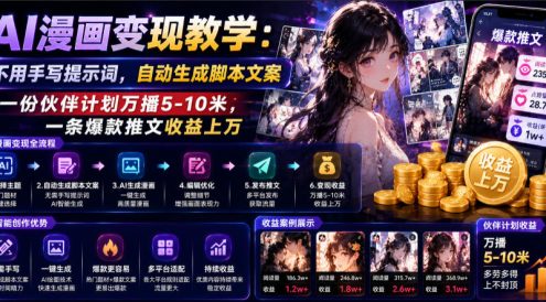 AI漫画变现教学:不用手写提示词,自动生成脚本文案,一份伙伴计划万播5-10米,一条爆款推文收益上W